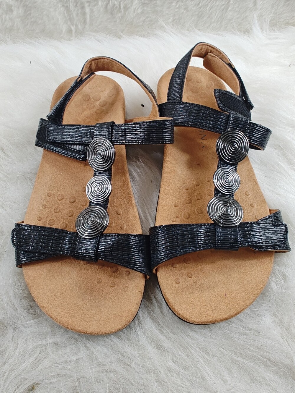 Vionic Farra Black Multi-Strap Sandals Gunmetal Accents Comfort Women's Size 10